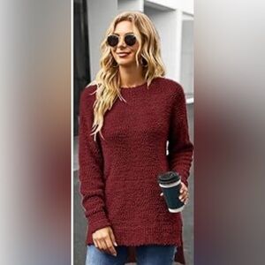 Qearal Long Sleeve Fuzzy Knitted Sweater Popcorn Side Split Loose Pullover XL